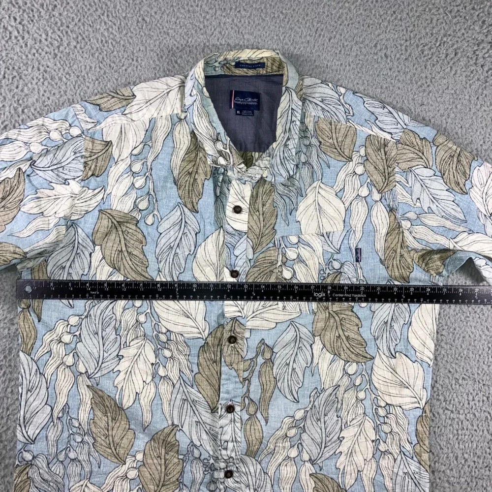 Jack O'Neill Hawaiian Shirt Men XL Coastal Linen Tropical Leaf Print Blue Tan